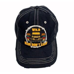 Off Road SUV Adventure Wild Hair Don’t Care Distressed Style Black Cap Har